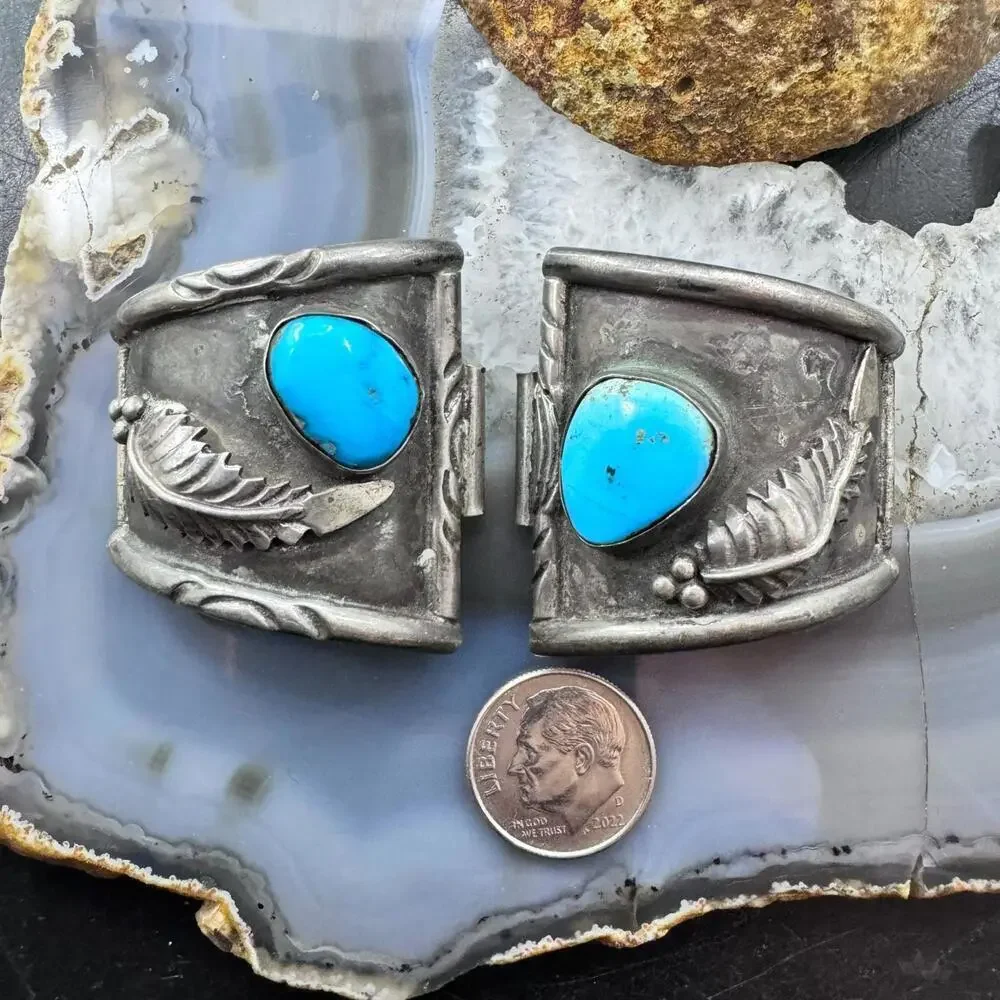 Native American Vintage Silver 2 Natural Turquoise Decorated Watch Band Tips